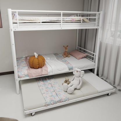 KEIKI Twin Size Triple Bunk Bed w/Trundle,Heavy Duty Metal Convertible Platform Bed Frame with Ladder & Full-Length Guardrail, for Teens, Adults, Noise Reduced, No Box Spring Needed,White