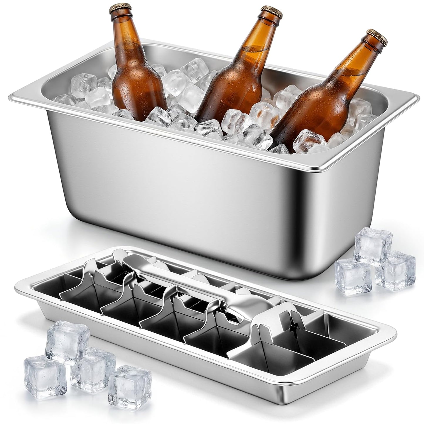 Baderke Stainless Steel Ice Cube Tray Ice Bucket 18 Slot Heavy Duty Metal Icecube Mold Wine Beer Champagne Bucket Container for Bars Parties Picnics