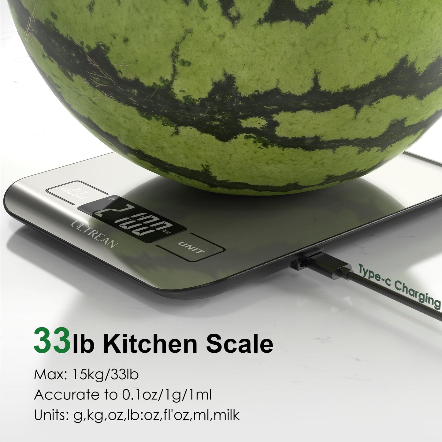Ultrean Smart Food Kitchen Scale with Nutritional Calculator, App for Macro & Calorie Tracking, AI Scan, Digital Grams and Ounces for Weight Loss, Rechargeable, Stainless Steel, 33lb /15kg