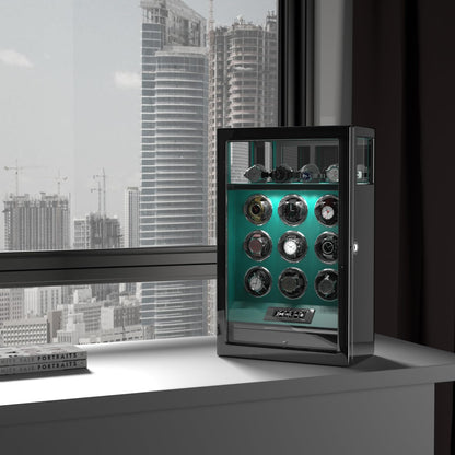DUKWIN Watch Winder, Fingerprint Lock Automatic Watch Winder for 9 Watches with 4 Holders,300-2300 TPD,Digital Display, Remote Control,Jewelry Storage and Adjustable Watch Pillow and LED Light,Green