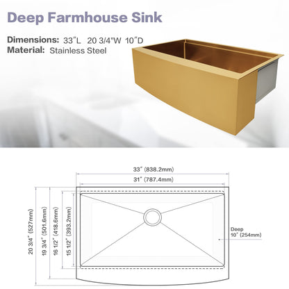 MONSINTA Gold Farmhouse Kitchen Sink, 16 Gauge SUS304 Stainless Steel Farm Sinks, All In One Workstation Sink with Ledge & Accessories, 33" x 20" x 10" Large and Deep Gold Undermount Kitchen Sink