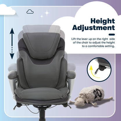 Serta Bryce Executive Office Chair - Ergonomic Computer Desk Chair with Patented AIR Lumbar Technology - Adjustable Height - Memory Foam Body Pillows - 360° Swivel Rolling Base - Bonded Leather - Gray