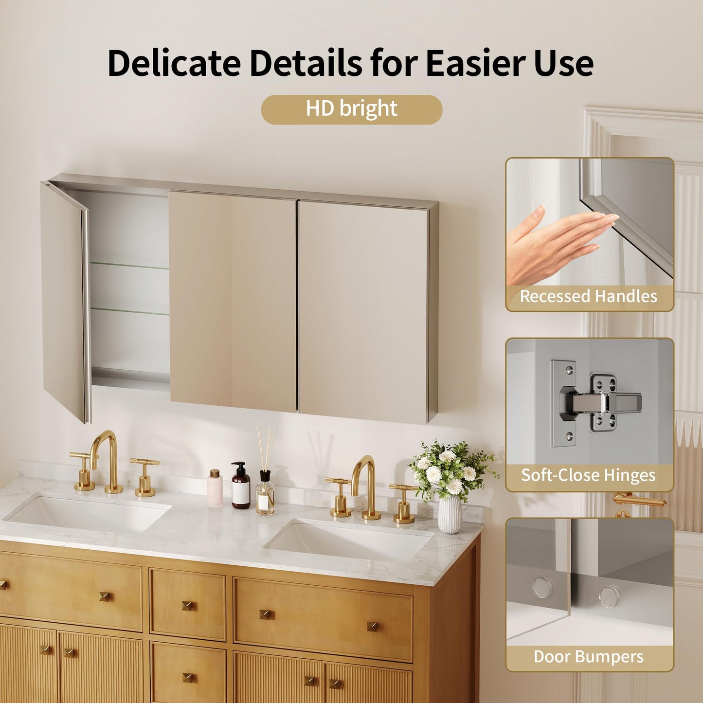 DeerValley Medicine Cabinet with Mirror, 48" W x 26" H Bathroom Mirror with Storage, 3 Doors Frameless Modern Wall Mount Mirrored Medicine Cabinets with 2 Adjustable Shelves DV-1MC0149
