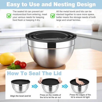 TeamFar Mixing Bowls, Stainless Steel Nesting Salad Bowls with Airtight Lids Set, For Serving/Mixing/Storing, Healthy & Long-lasting, Dishwasher Safe & Easy Clean, 4.6/3 / 1.5 QT, Black