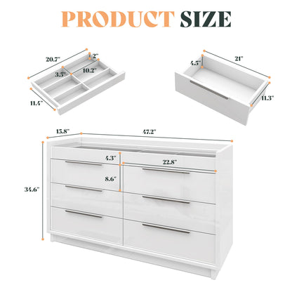 AMERLIFE 47.2" W 8 Drawer Dresser with LED Light & Glass Top, Modern High Gloss Storage Chest with 2 Jewelry Drawers, Storage Organizer for Bedroom, White