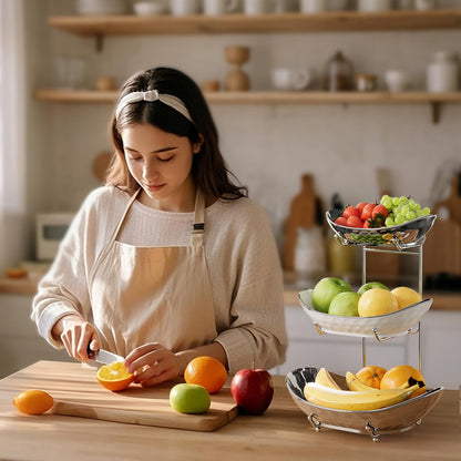 Acliys Fruit Bowl, 3 Tier Ceramic Fruit Basket, Serving Stand Serving Bowl with Metal Rack, Porcelain Kitchen Bowls for Fruit and Vegetable Storage Snack Nuts Dessert Cake Tray for Party Wedding