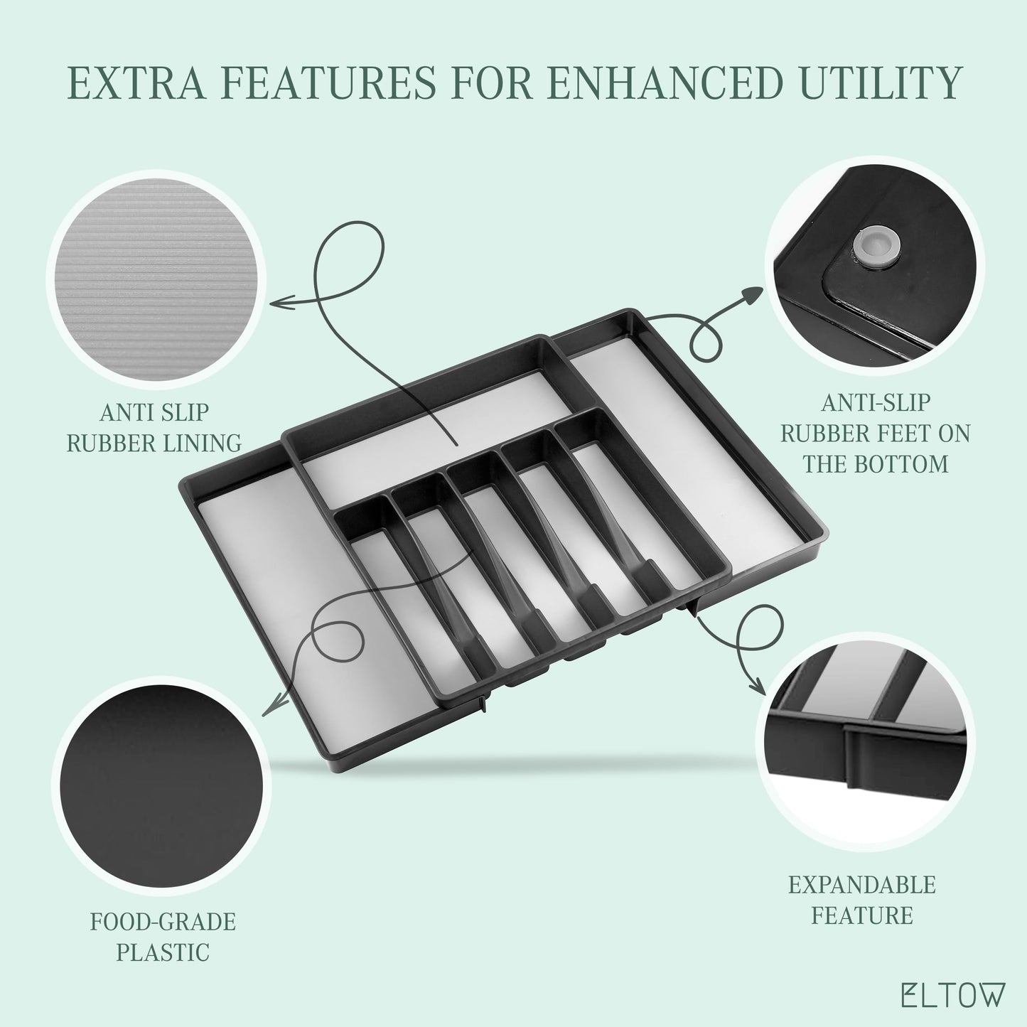 ELTOW Large Expandable Silverware Drawer Organizer, 8 Compartment Non-Slip & Adjustable Silverware Organizer for Drawer, Kitchen Organization for Utensils, Cutlery, Silverware Tray (Black)