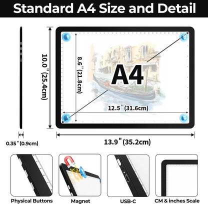 Heanolier A4 LED Copy Board Light Tracing Box,Super Bright Magnetic Light pad with Side physical Buttons,Adjustable Corded Light Table for Tattoo Transferring,Drawing, Light Board for Diamond Painting