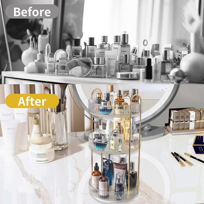 Asayuee 360 Rotating Makeup Organizer - Large 3-Tier Storage for Skincare & Cosmetics | Clear Finish
