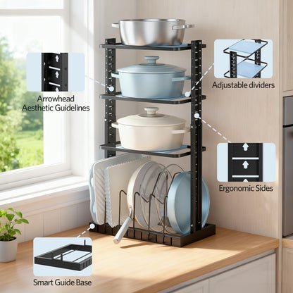 LAMU Pots and Pans Organizer for under Cabinet, Heavy-Duty Pot Pan Organizers inside Cabinet for Cast Iron Pan, 25.2" Adjustable Height for Pot Lid Holder Accommodates 9 Cookware, Black