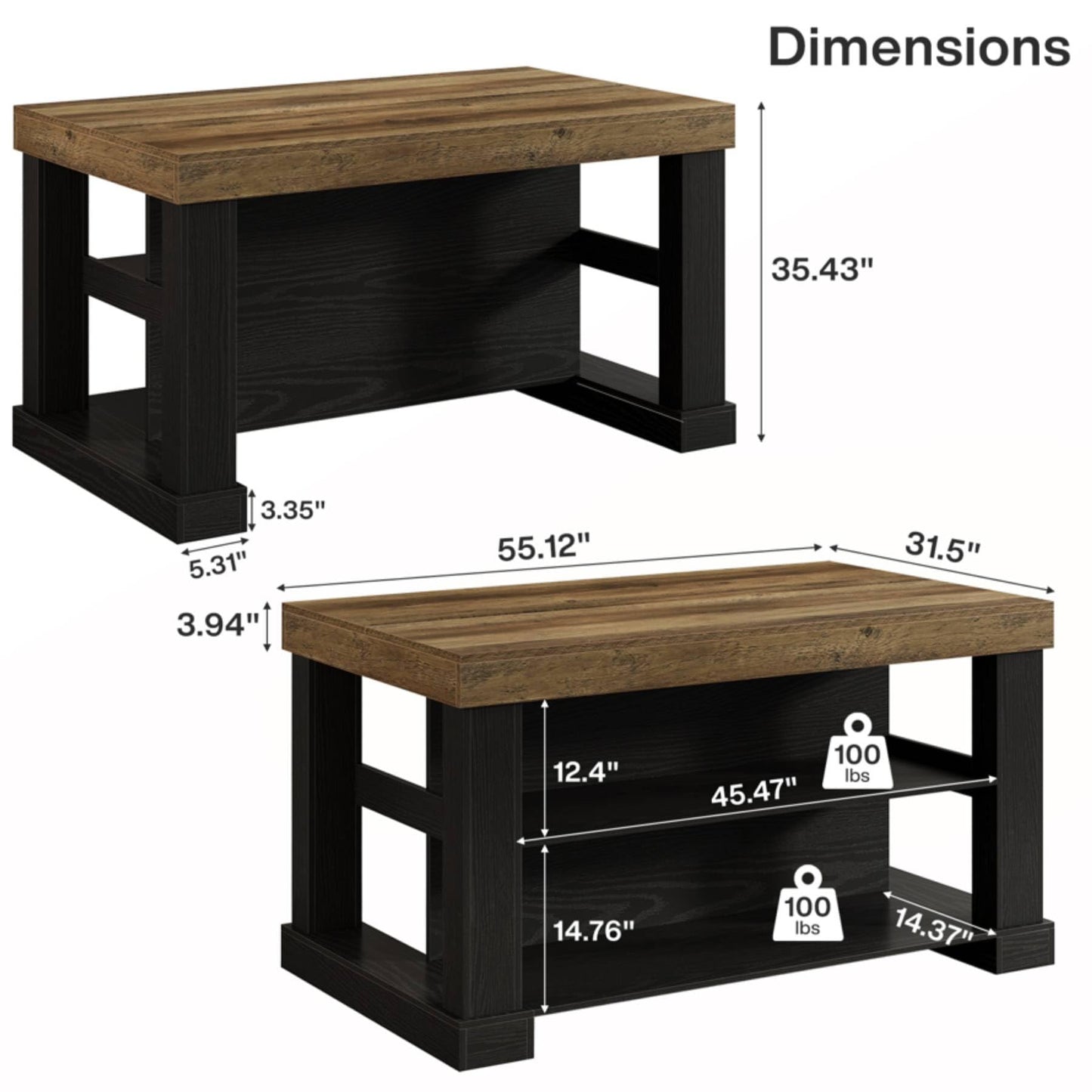 Tribesigns Kitchen Island with 3 Shelves, 55 Inches Width Kitchen Shelf with Large Worktop, Stable Wooden Structure, Farmhouse Style, Easy to Assemble, Black and Brown