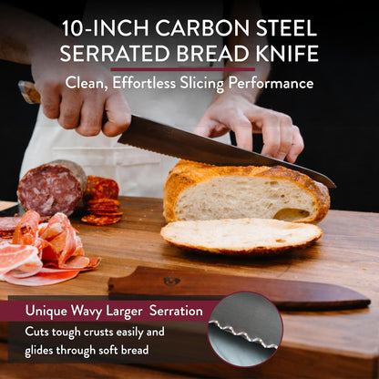 STEELPORT Sourdough Tool Set (3 Pcs.) – 10” Carbon Steel Serrated Bread Knife, Stainless Steel Bench Scraper & Wooden Sheath | Professional Artisan Baking Kit for Homemade Bread, Made in USA