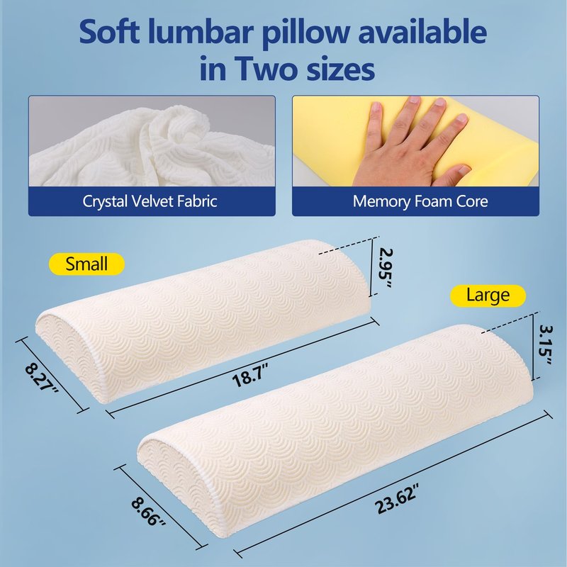 Cozyhealth - 2.95" H*18.7" L - Soft Small Lumbar Pillow for Sleeping, Memory Foam Back Lumbar Support Cushion for Lower Back Pain Relief Bed Waist Sleep Support Pillow for Side, Back (White, Small)