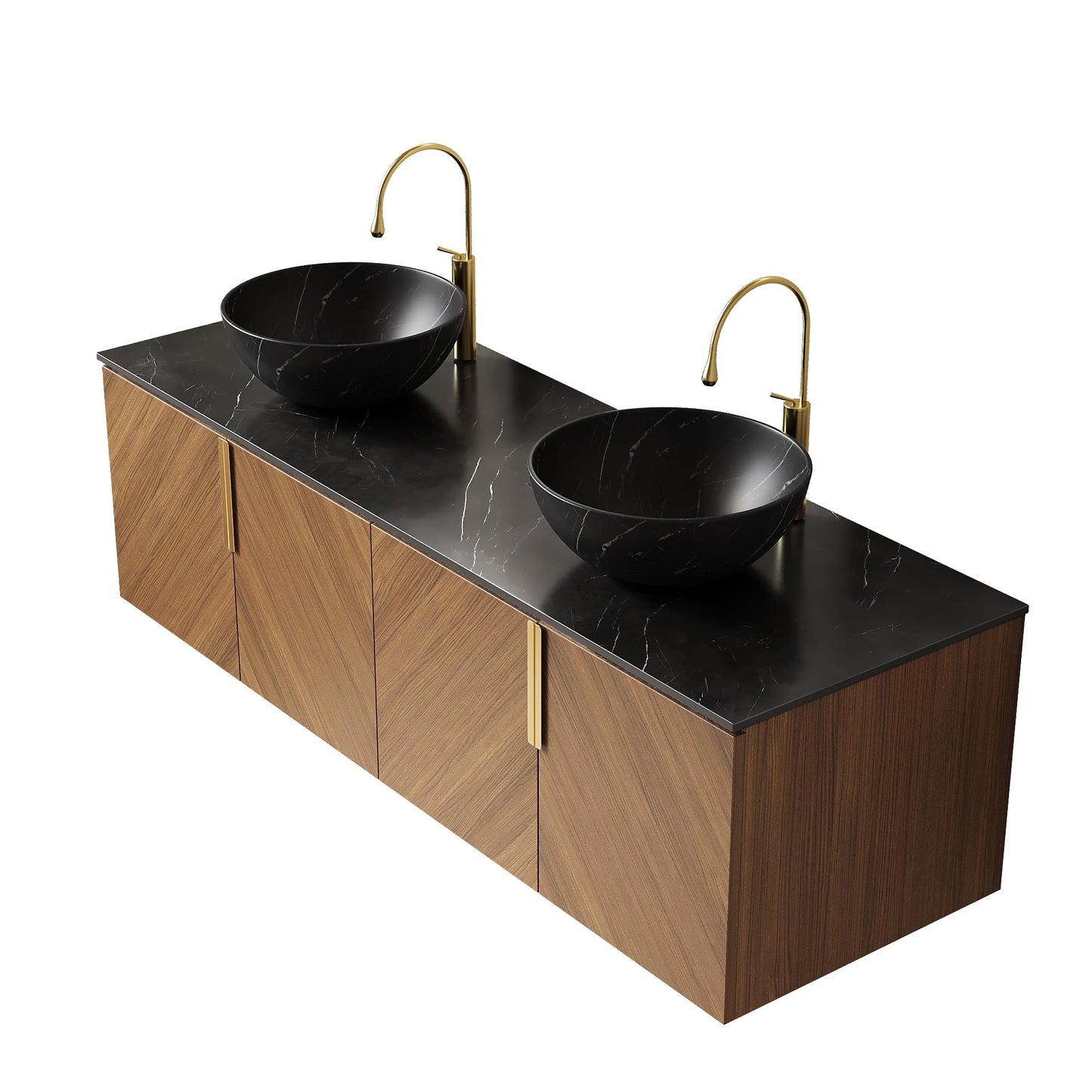 KEIKI 60 Inch Floating Bathroom Vanity with Sink, Modern Wall Mounted Storage Cabinet with 2 Soft Close Doors, Sintered Stone Top & Ceramic Basin Combo Set, Brown Oak & Black