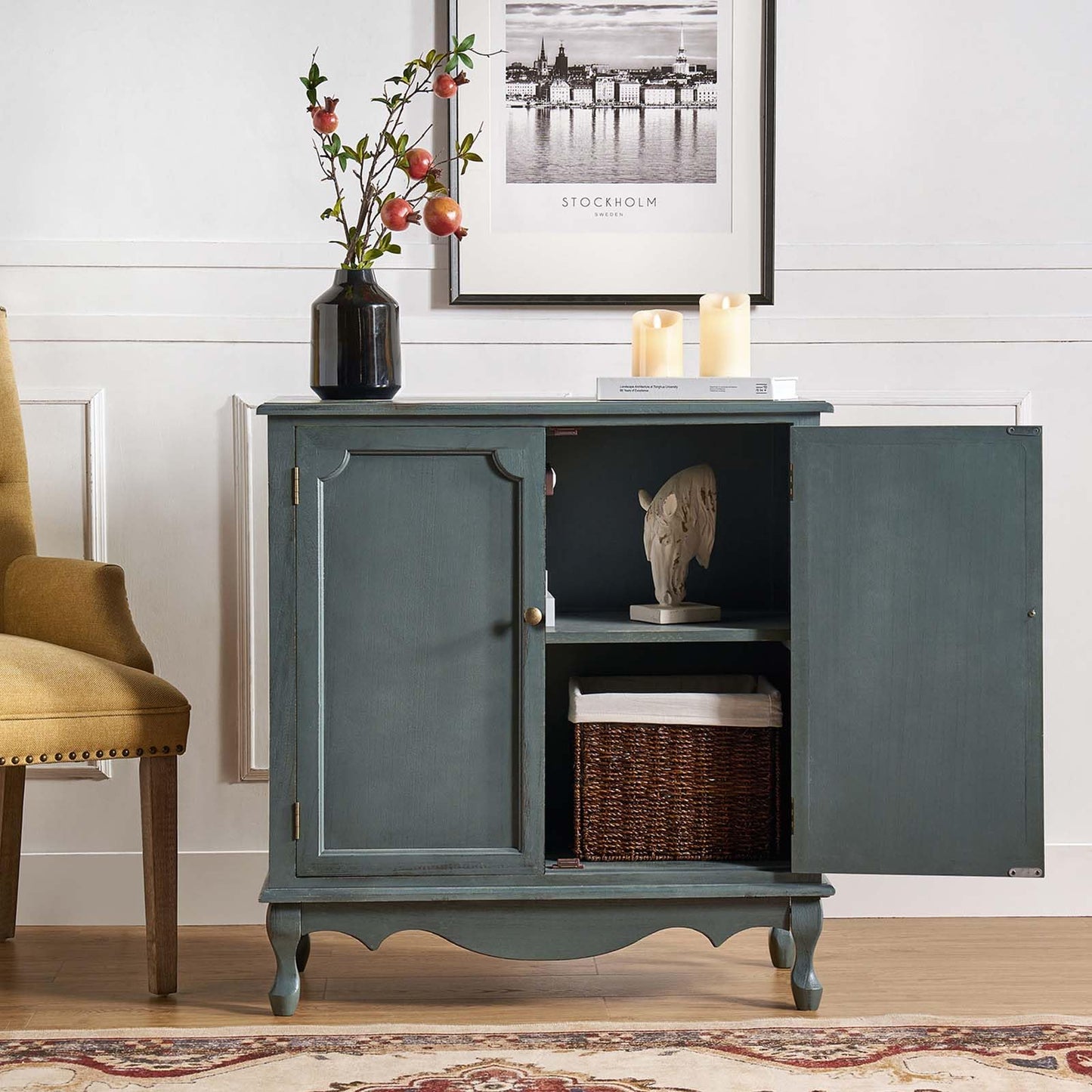 HULALA HOME Antique Accent Cabinet with 2 Doors, Buffet Cabinet with Storage, 2 Shelves Sideboard for Kitchen, Living Room, Blue