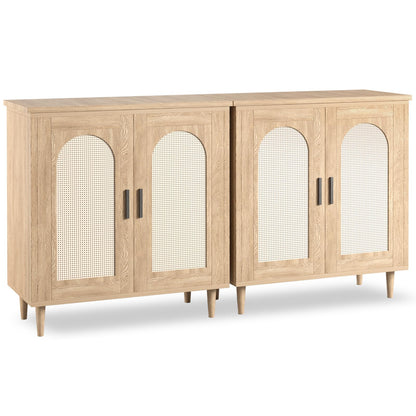 Garvee Rattan Buffet Cabinet with Storage, Sideboard Cabinet with 2 Doors and Adjustable Shelves, Boho Wood Cupboard for Kitchen, Livingroom, Dining Room, Entryway (Natural, 2 PCS)