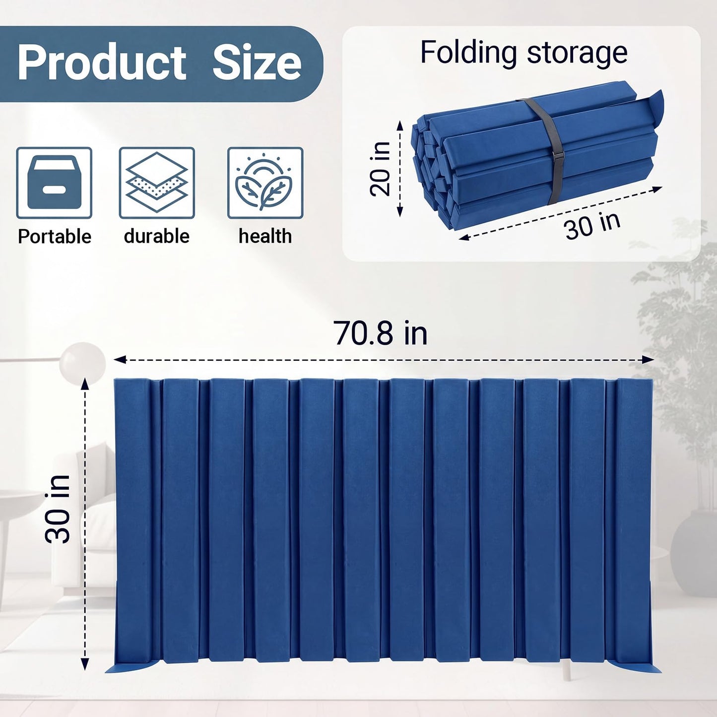 AmazingSpark 1 Pcs 30" X 6' Soundproof Room Divider Panel, Foldable Acoustic Partition Wall with Stand and Straps, Freestanding Privacy Screen for Office Study Bedroom Studio Library (Blue)