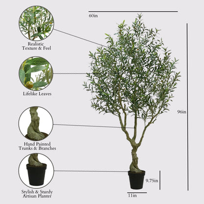 CG Hunter Designer Faux Olive Tree, Premium Handmade Artificial Indoor Tree Stands 8-ft Tall, Lifelike-Leaves & Hand Painted Trunk, Black Grower Pot Included