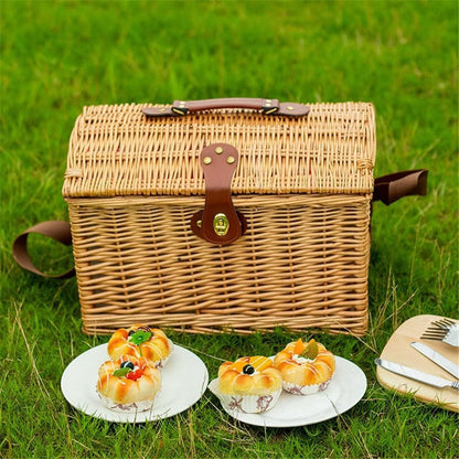LBGMEIG Rattan Picnic Basket Set with Tableware and Picnic Blanket, Outdoor Camping Storage Box, Portable Picnic Hamper with Cover