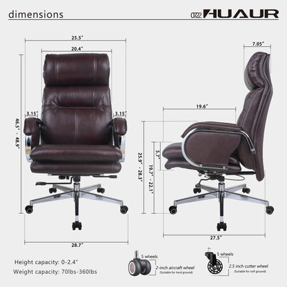 HUAUR Genuine Leather Modern Executive Chair High-Back Support 90 to 150 Degrees Tilt and Upholstered Home Desk Chair with Base 360LB Capacity Swivel Computer Office Chair (Brown)