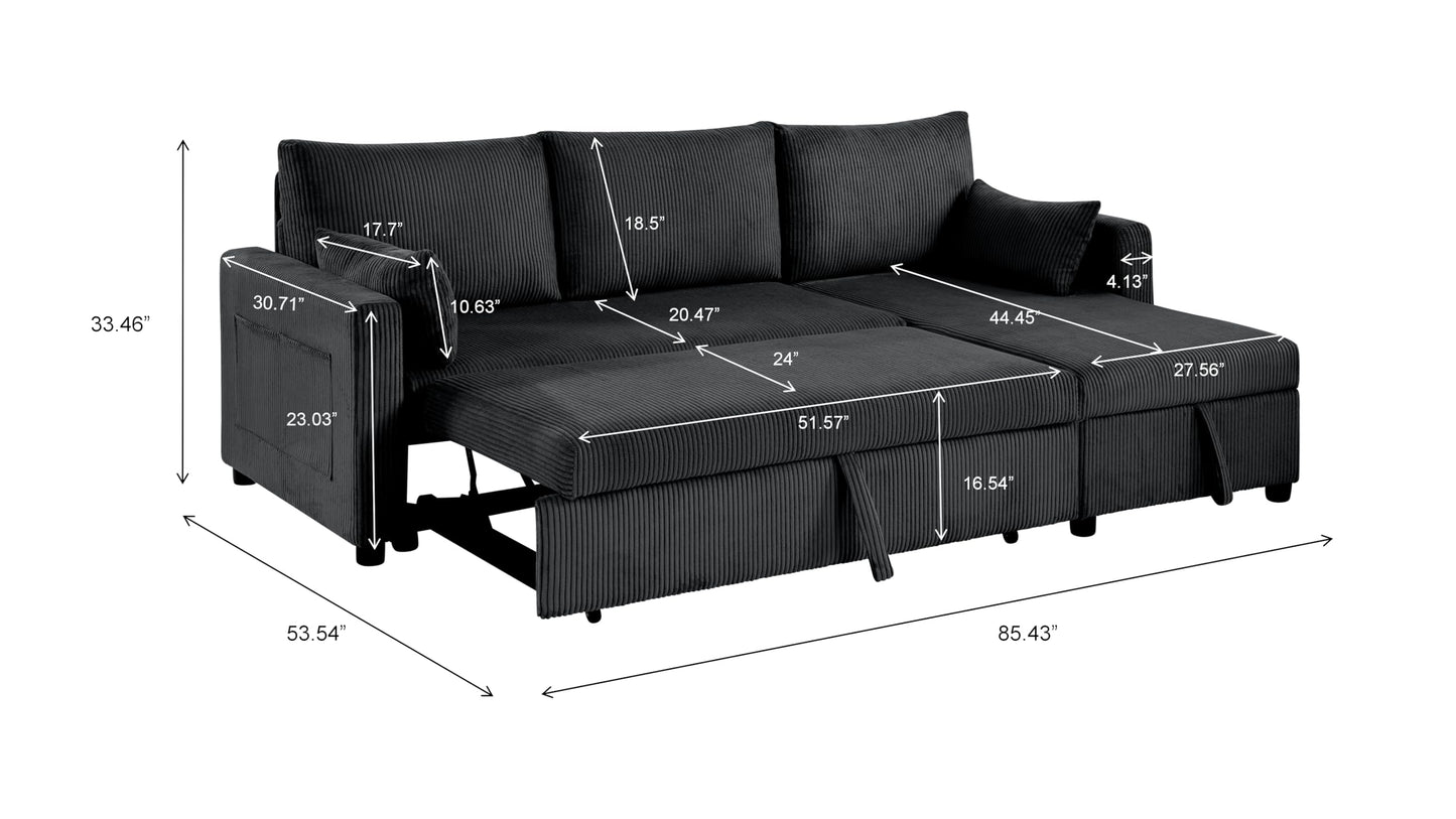 Trygoal Sectional Sleeper Sofa with Pull Out Bed, L Shape Convertible Sofa Bed Couch with Storage Chaise, 3 in 1 Pull Out Sofa Bed with 3 Seats for Living Room,Apartment, Black, 85Inch