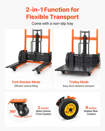 VEVOR Hydraulic Material Lift Winch Stacker, 450 lbs Load Capacity, 39.4'' Max Lifting Height, Pallet Truck Dolly with Fork Lift Table, Foldable & Portable Pallet Jack Table Cart, Orange & Black