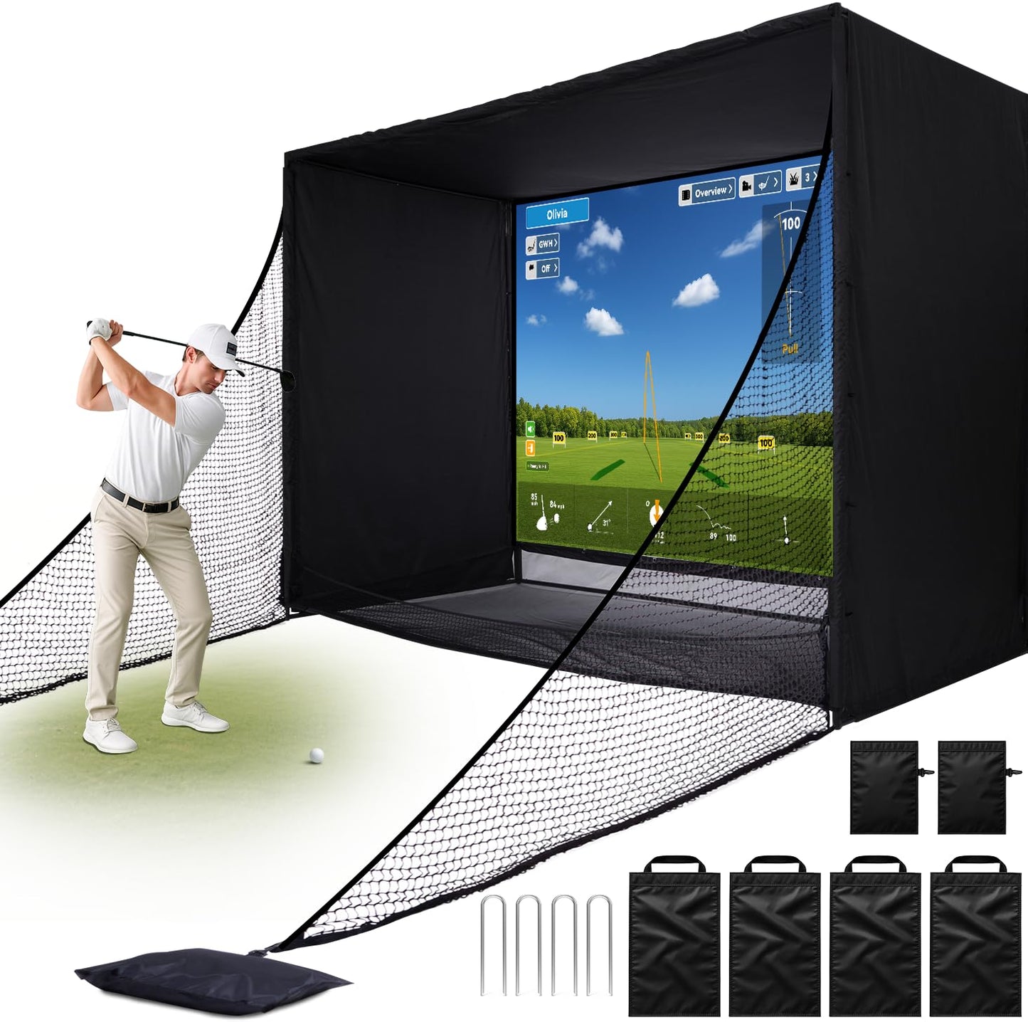 ZEALFEEL Golf Simulator Enclosure, 11x8FT Golf Net with HD Impact Screen & Side Barriers – Dual-Layer Impact Screen, Foam-Padded Frame, Indoor Cage Net for Home Garage Studio