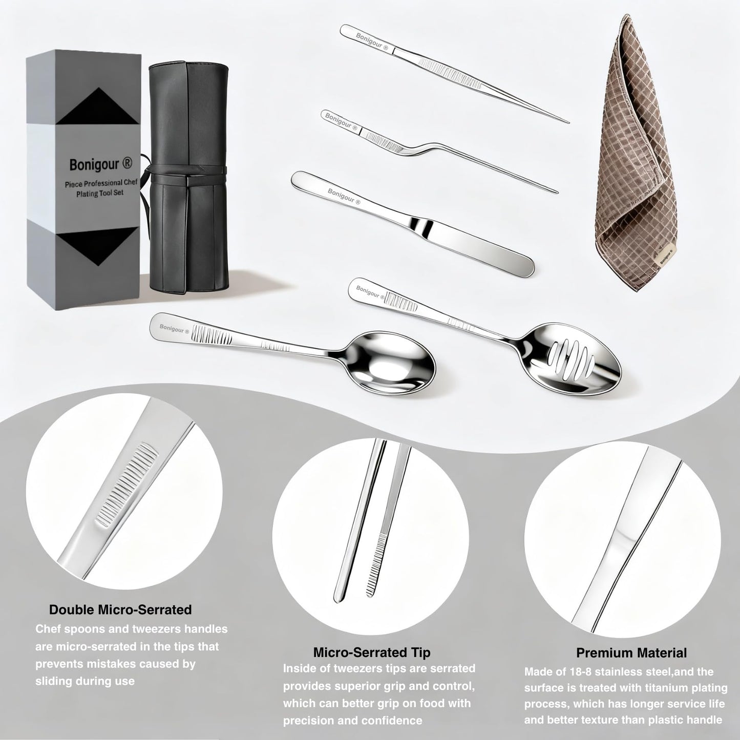 Bonigour Plating Tool Culinary Set, 6 Piece Professional Chef Plating Tools Kit, Chef Plating Utensils, Spatula, Tweezers for Modernist Cuisine Food Art, Black, Cooking Utensils (Silver)