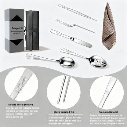 Bonigour Plating Tool Culinary Set, 6 Piece Professional Chef Plating Tools Kit, Chef Plating Utensils, Spatula, Tweezers for Modernist Cuisine Food Art, Black, Cooking Utensils (Silver)