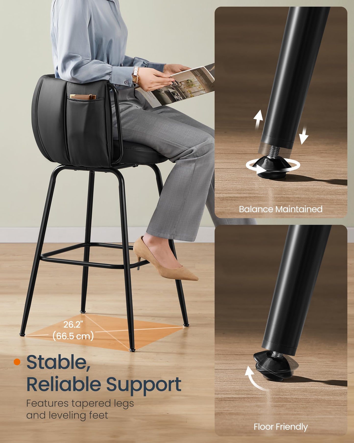 SONGMICS HOME 360° Swivel Bar Stools Set of 4, Barstools with Curved Back, Upholstered Counter Bar Stools with Footrest, Metal Tapered Legs, for Kitchen Island, Dining Room, Ink Black ULBC123BH01S-2J