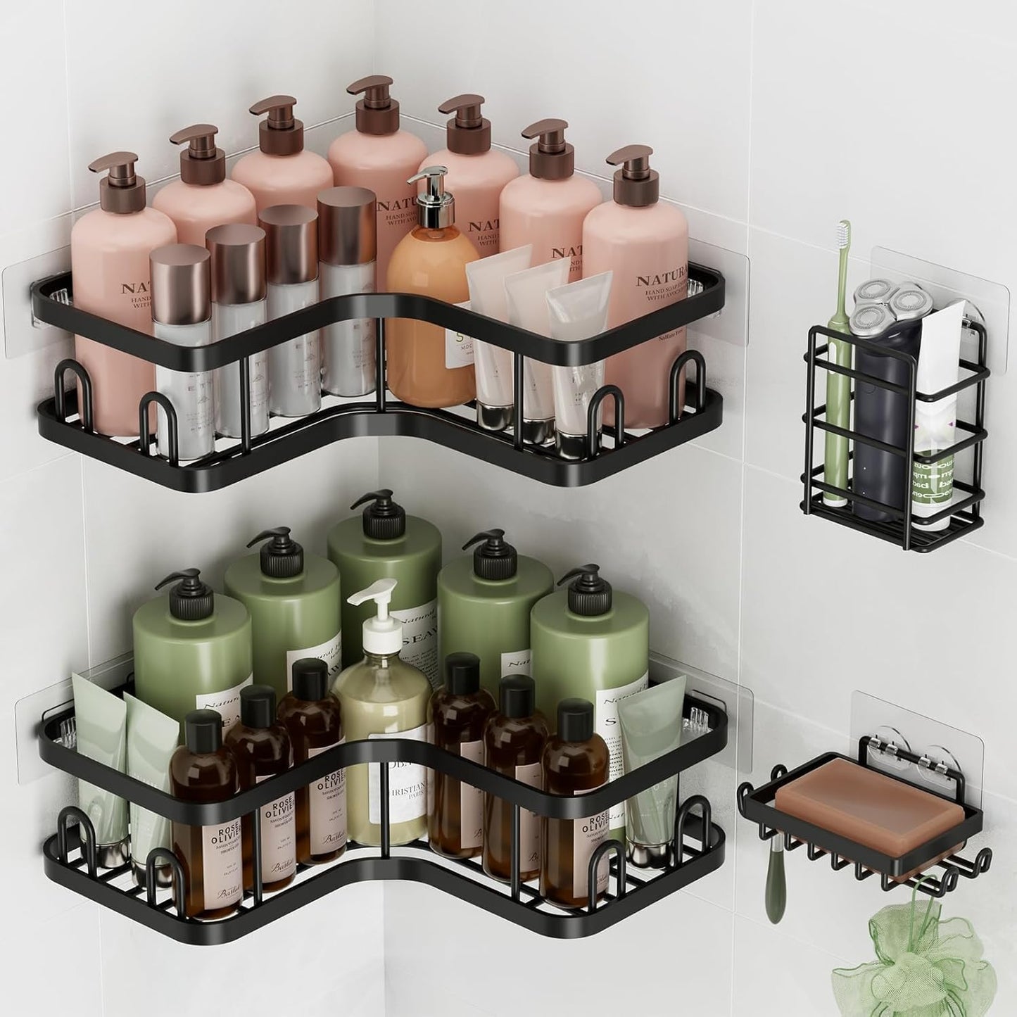 4-Pack, Veken Corner Shower Caddy Advanced Rustproof Design, No Drilling Adhesive Shelves, Rack with Soap Holder, Large