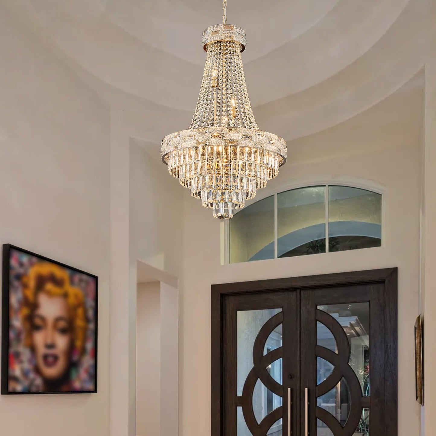 SHAOCHIAO 12-Light Gold Crystal Chandeliers,Empire Chandelier Light Fixture Modern High Ceiling Hanging Chandelier for Entryway,Foyer,Staircase,Hallway,Living Room(H36 x D23.2)