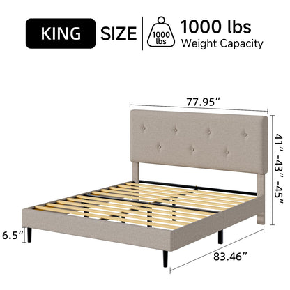 Mxhtcewz King Size Linen Bed Frame, Upholstered Platform Bed Frame with Adjustable Headboard, Wooden Slats Support, Easy Assembly, No Box Spring Needed, Beige