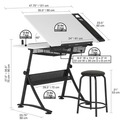 Fusion Drafting Table with Stool, Height Adjustable Desk with Tilt Top, Charcoal / White