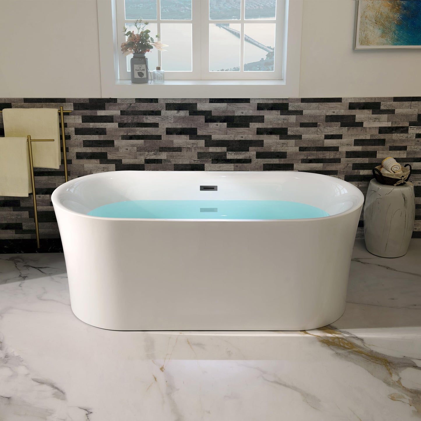 WOODBRIDGE 59" Acrylic Freestanding Bathtub Contemporary Soaking Tub with Matte Black Overflow and Drain,White Tub,B0058-MB