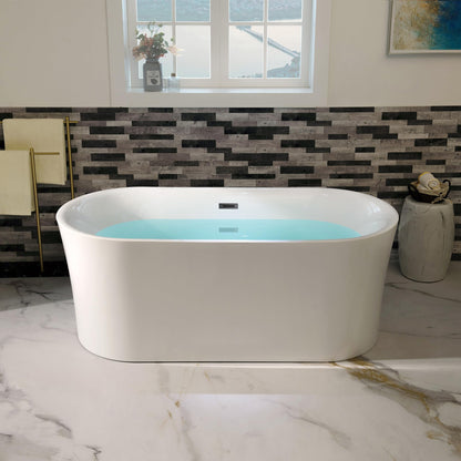 WOODBRIDGE 59" Acrylic Freestanding Bathtub Contemporary Soaking Tub with Matte Black Overflow and Drain,White Tub,B0058-MB