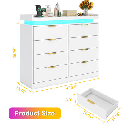 knoworld 8 Drawer Dressers for Bedroom, White Dresser with LED Lights and Power Outlet, Wood LED Dresser, Double Wide Modern Chest of Drawers for Bedroom, Entryway, Hallway