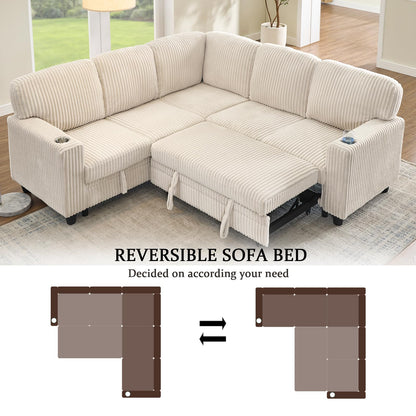 ERYE L-Shaped Symmetrical Sleeper Sectional Sofa W/Pull Out Sleeper Couch Bed and Storage Seat for Living Room, Corduroy Tufted Corner Convertible Sofa Bed with USB-C Ports