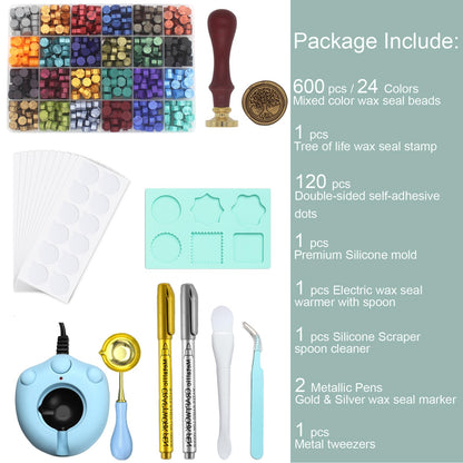 Andotopee Wax Seal Kit With 24 Colors Envelope Stamp Seals Beads 600pcs, Tree of Life Sealing Stamp, Electric Wax Seal Warmer Set, Silicone Mold, Metallic Pen, 120 Removable Sticky Dots, Spoon Cleaner