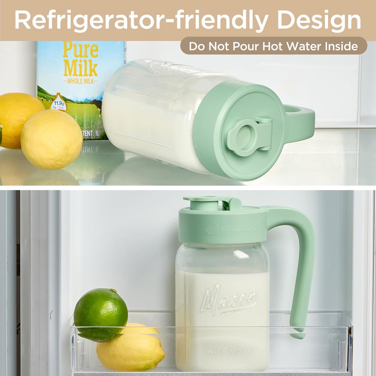 32 oz 1 Glass Pitcher with Lid, Quart Mason Jar Pitcher with Lid Airtight, Breast Milk Storage for Fridge, Ideal