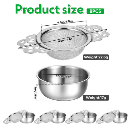 Oqqlin 8 Pcs Mesh Tea Filter Strainers, 304 Stainless Steel Loose Tea Infuser Strainer with Petal Handles and Drip Bowl for Juice Coffee Filter, Sliver, 2.5 Inch