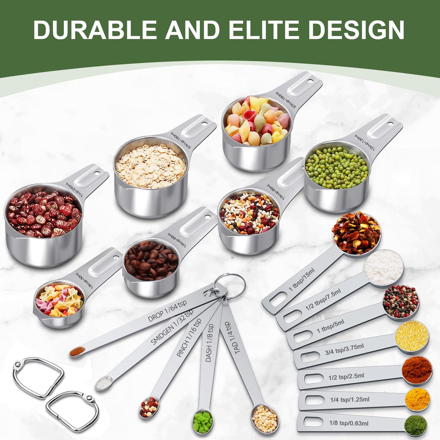 EWFEN Measuring Cups and Spoons Set, 7 Stainless Steel Nesting Measuring Cups & 7 Spoons, 5 Mini Measuring Spoons & 2 Detachable Rings, Kitchen Gadgets for Cooking & Baking, Round