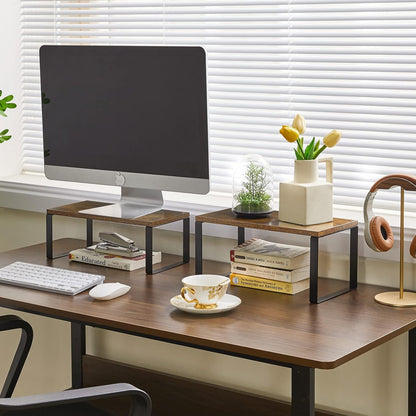 YMYNY Cabinet Shelf Organizer, Extendable Set of 2 Countertop Storage Racks for Kitchen, Rustic Brown