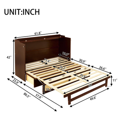 Queen Size Murphy Bed Cabinet with Rattan Panel,Pine Wood Cabinet Bed with Storage Drawer,Space-Saving Foldable Beds with Integrated Platform,Convertible Guest Beds for Bedroom Living Room,Walnut