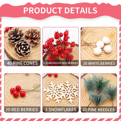 Biubumtu 108 Pcs Christmas Ornaments Pine Cones Berry Pine Branch Set Xmas Decorations for Home, Pinecones for Crafts Vase Filler Wreath Christmas Table Decor