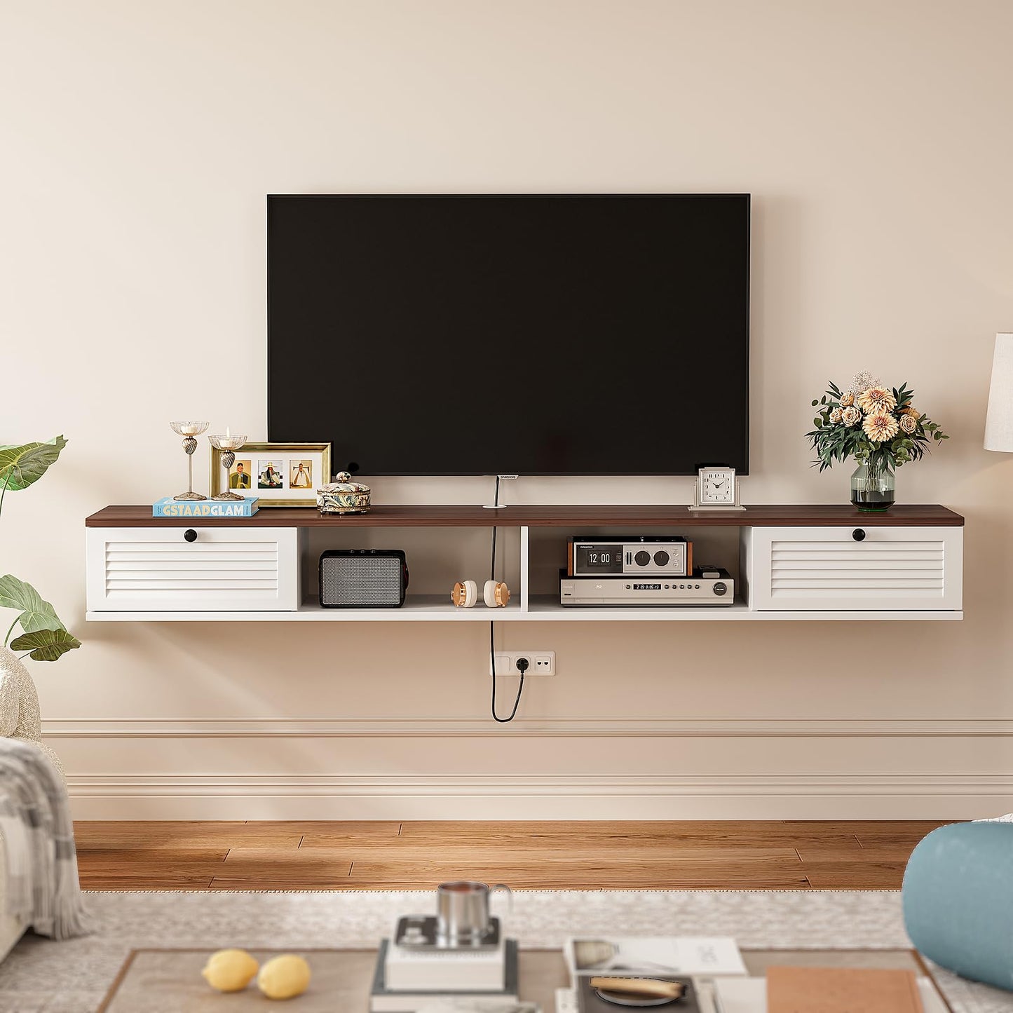 FloatiCasa Floating TV Stand,Plywood Wall Mounted Media Console with 2 Doors & Open Storage,Modern Under TV Cabinet for Living Room & Bedroom,White & Walnut, 78 inch