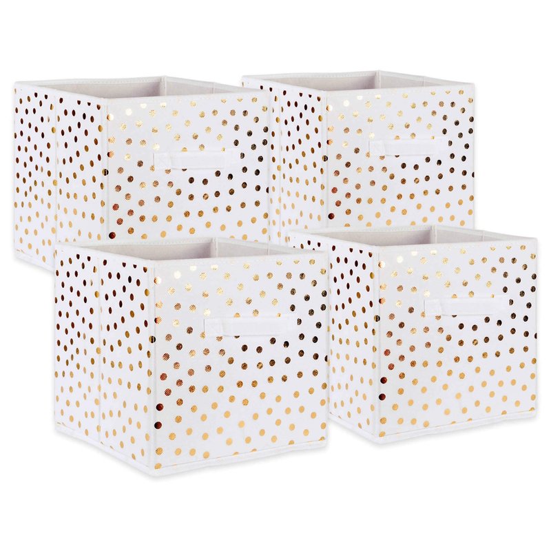 DII Non Woven Polyester Storage Bin, Polka Dot, White & Gold, Small Set of 4