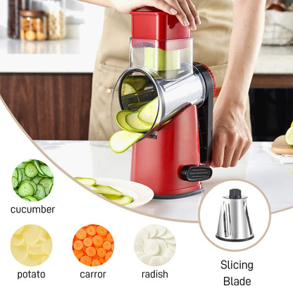 Weltonhm Rotary Cheese Graters with 4 Blades, Large Hand Crank Cheese Grater with Waffle Slicer, Red Cheese Shredder with Suction Base, Easier for Shredding & Grating (Red and black, 4 Graters)