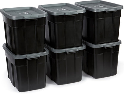 Rubbermaid 18 GAL Garage Storage Bins - Heavy-Duty, Stackable, Durable Plastic - Solid Black & Grey (6 Pack)