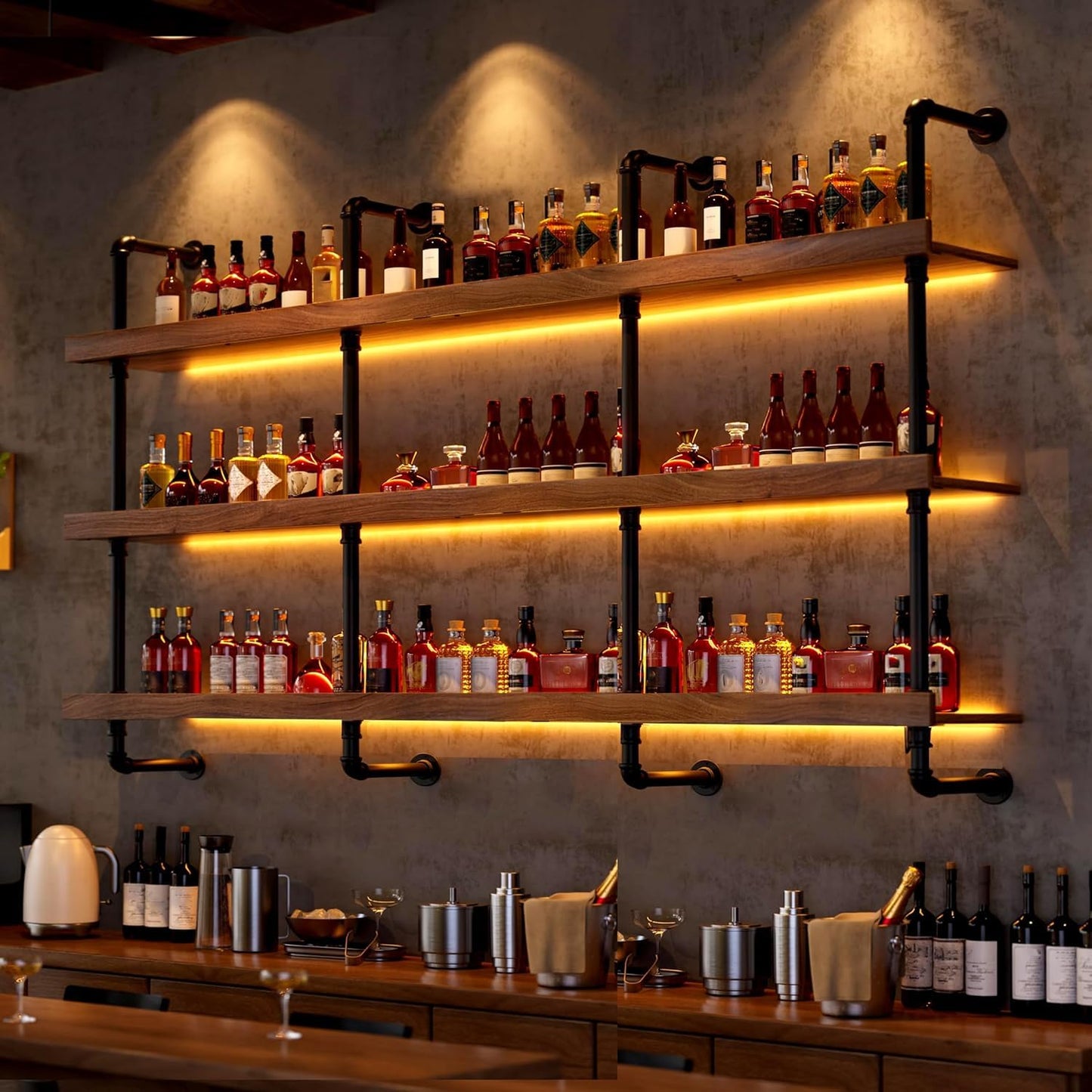 Dawselod 70.8in Large Wine Rack with LED Light Solid Wood Wall Mounted Wine Rack, 3-Tiers Liquor Bottles Floating Shelves Display Storage Organizer for Home Bar & Dining Room (180cm/70.8in)